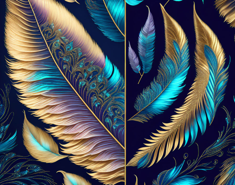 Intricate gold, blue, and brown feather patterns on dark background