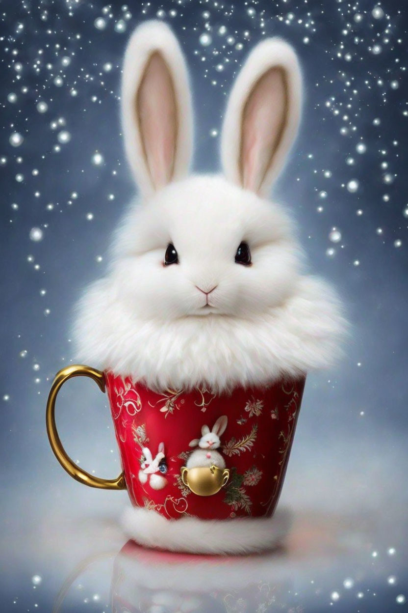 White Rabbit in Red Snowflake Mug with Gold Charm - Festive Decor