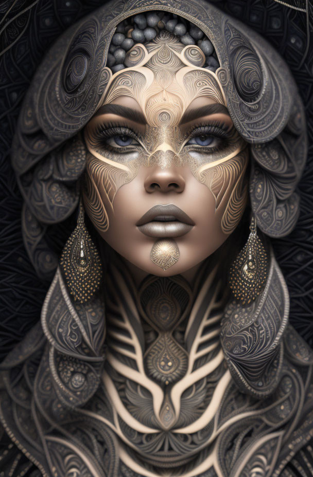 Detailed Close-Up of Surreal Female Figure with Ornate Metallic Embellishments