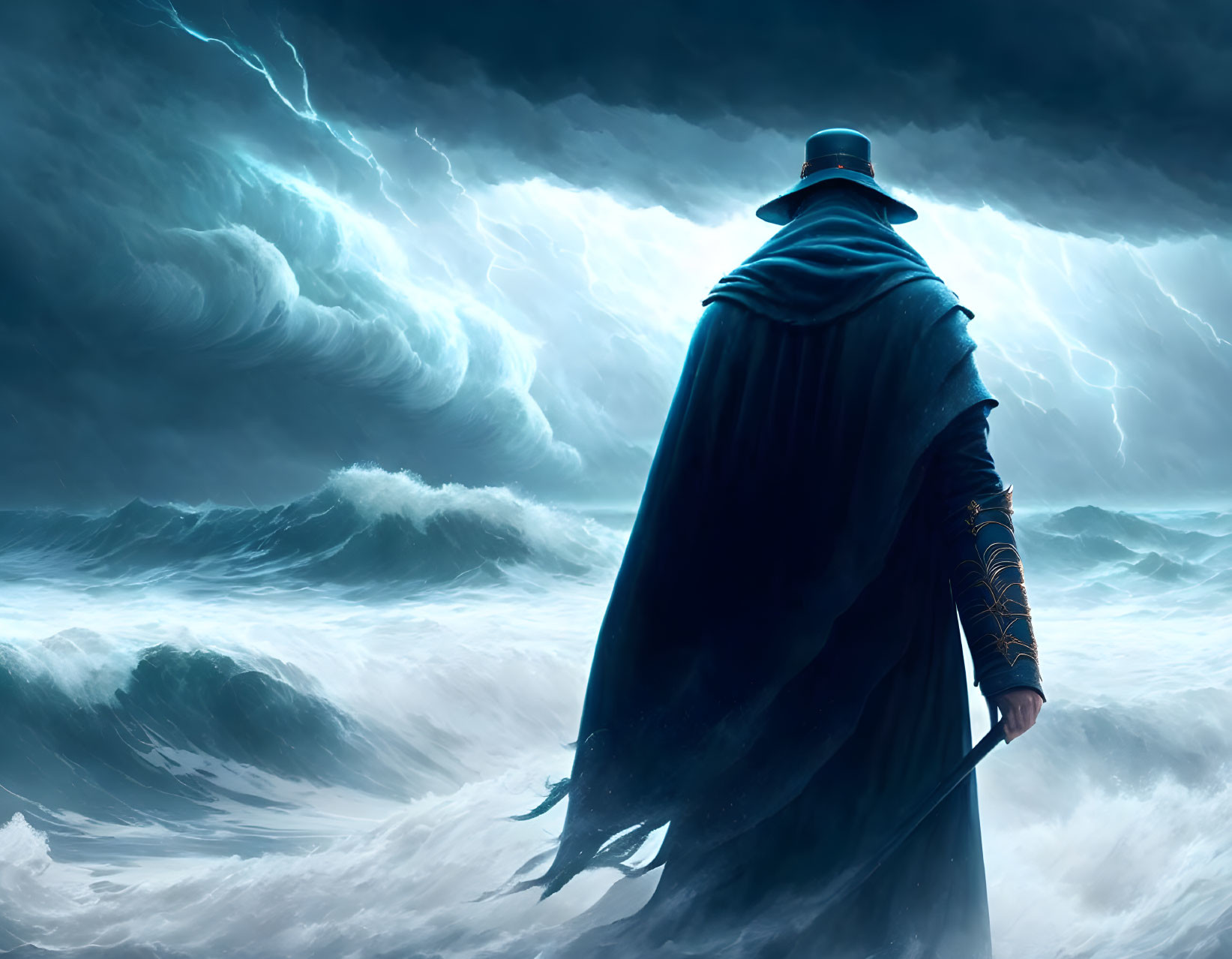Mysterious figure in blue cloak facing stormy ocean and sky