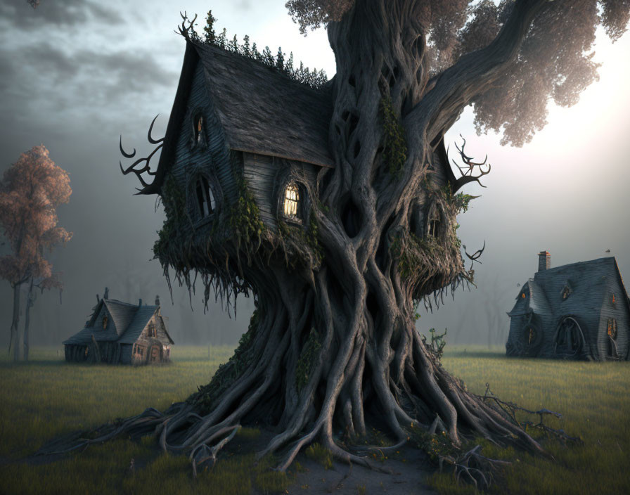 Whimsical fantasy scene with twisted tree and small houses in misty landscape
