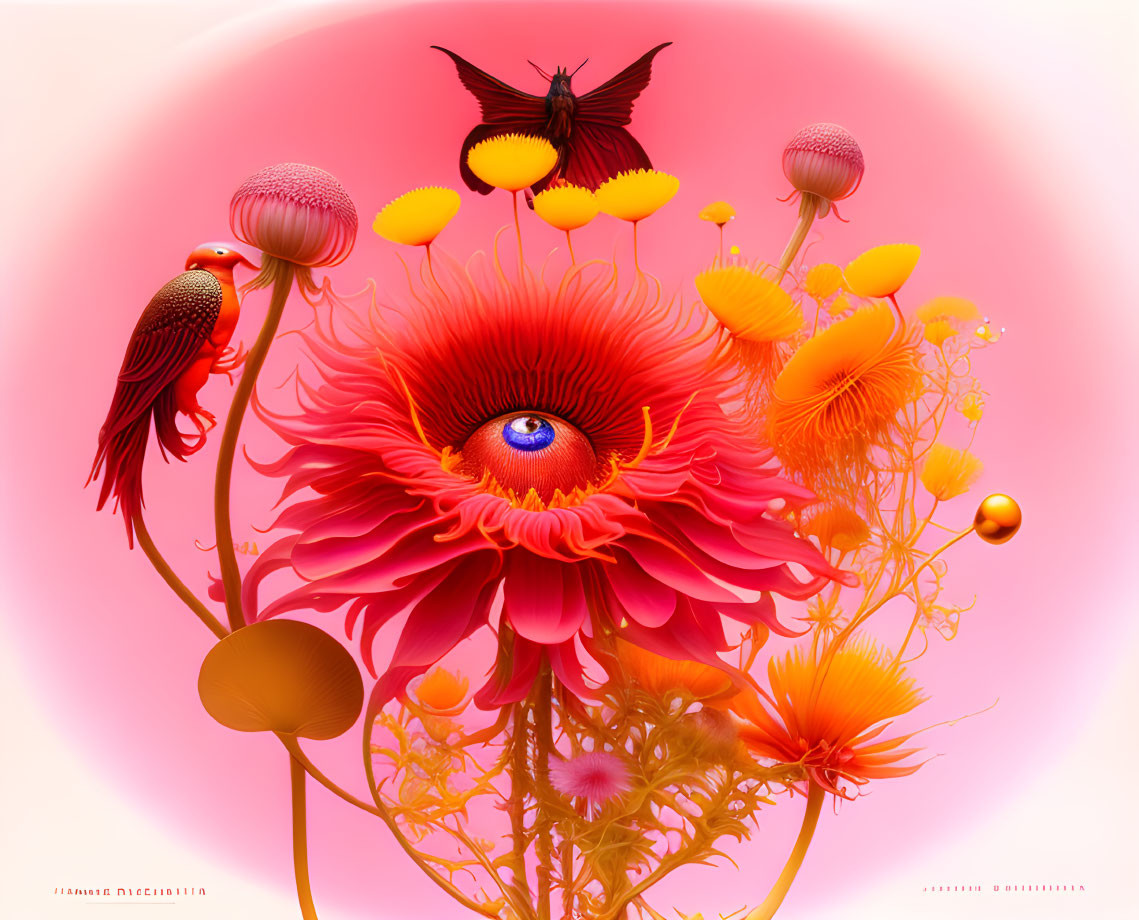 Vivid digital artwork: Red flower with eye, birds, butterflies, fantastical flora on pink background