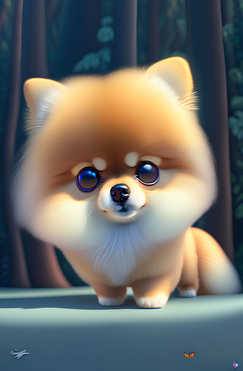 Fluffy Pomeranian Dog in Forest with Blue Eyes and Butterfly