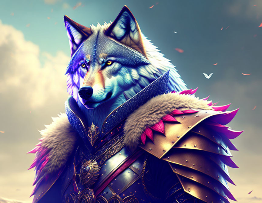 Stylized digital artwork: anthropomorphic wolf in ornate armor against sky with floating embers