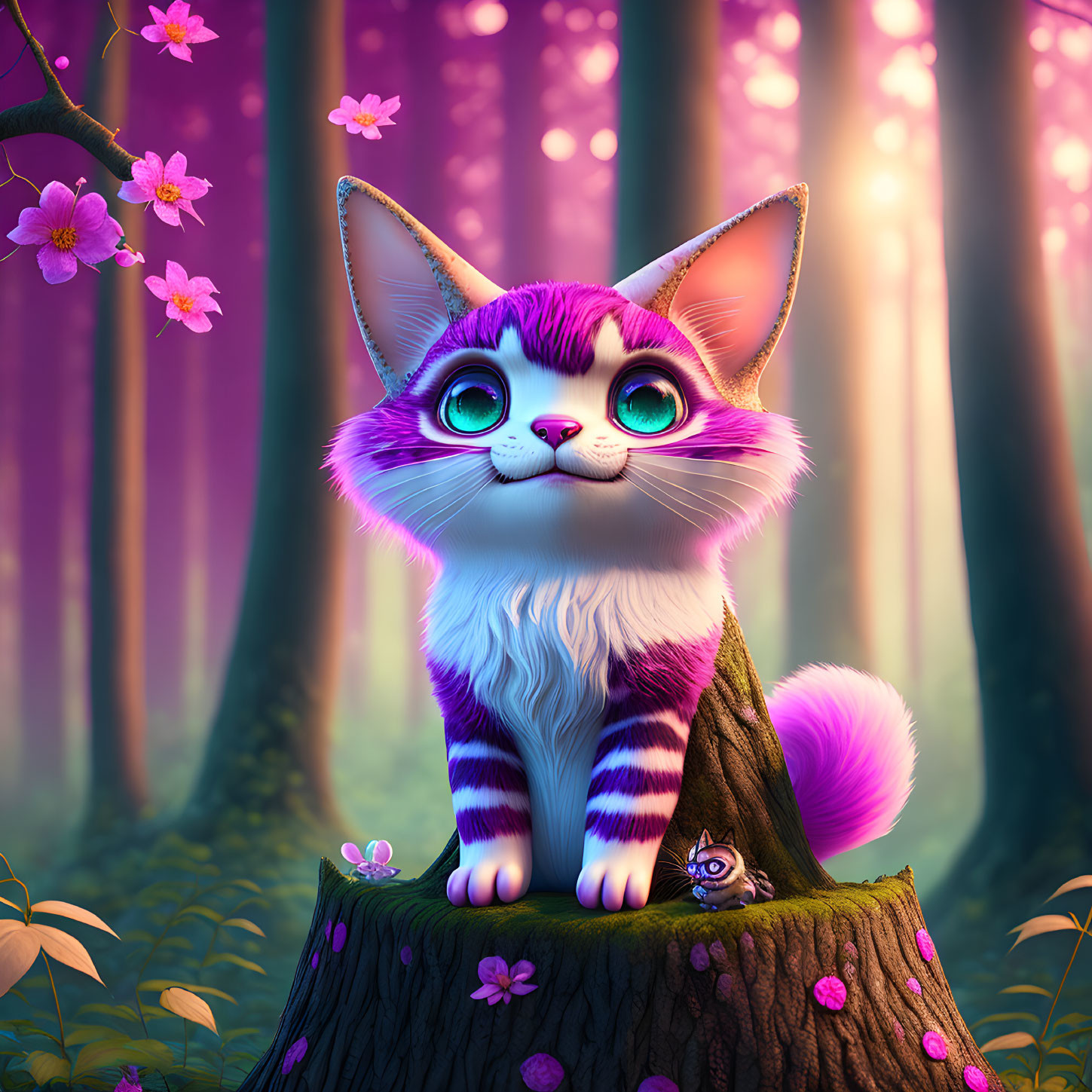 Colorful Cartoon Cat in Magical Forest with Purple and White Fur