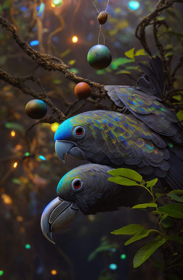 Vividly colored parrots in magical forest with twinkling lights