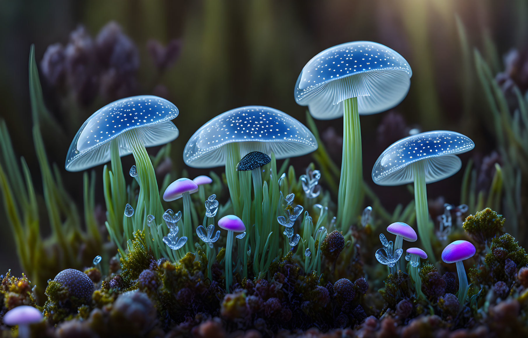 Enchanting twilight forest with bioluminescent mushrooms and glowing plants