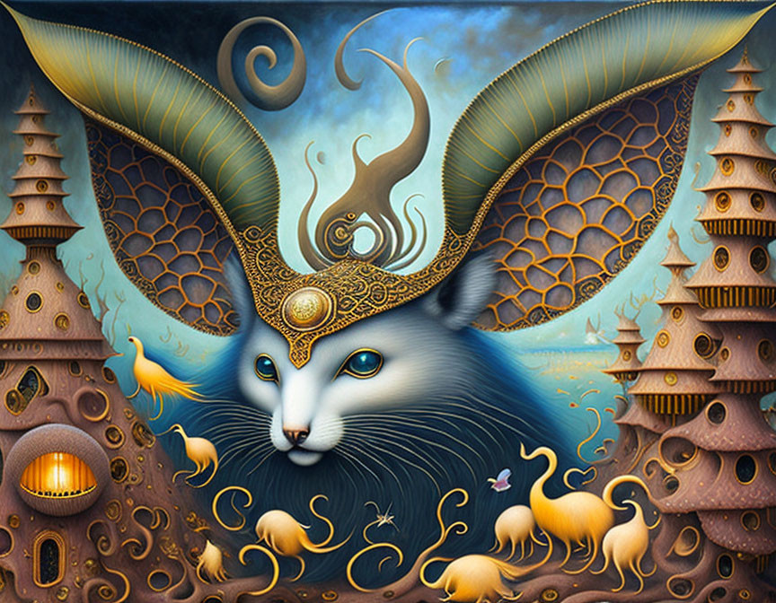 Whimsical surreal painting: Large blue cat, fantastical town, curious creatures