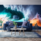 Modern living room with ocean wave mural, navy blue sofa, tables, and plants