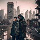 Dystopian cityscape with two people in desolate setting