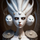Digital artwork featuring a pale figure with four faces and a white feathered headdress