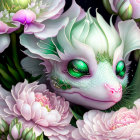 White Dragon Surrounded by Flowers and Intricate Details