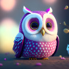 Vibrant 3D illustration of large and small owls with purple feathers and pink berries