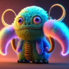 Blue fluffy three-eyed creature with luminous wings and antenna on warm background