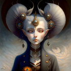 Fantasy portrait: creature with ram horns, ornate jewelry, white hair, piercing gaze