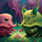 Whimsical octopus-like creatures in fantasy scene with cake