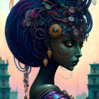 Blue-skinned woman with red eyes in intricate headdress against architectural backdrop