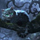 Fluffy cat with green eyes and stripes on mossy tree branch in foggy forest