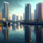 Futuristic cityscape with high-rise buildings and flying vehicles reflected in water