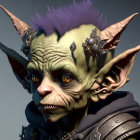 Detailed 3D render of fantastical creature with green skin, purple hair, large ears, and