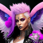 Portrait of Person with Pink and Purple Feathered Wings and Colorful Makeup