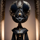 Stylized digital artwork of a dark-skinned female figure with intricate headdress and jewelry on tau