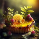 Colorful Lemon Tart with Fresh Berries and Mint Sprig in Soft-focus Sunlit Background