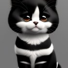 Plump black and white cartoon cat with amber eyes on gray background
