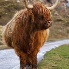 Highland Cow with Long Horns and Shaggy Fur in Pastoral Landscape