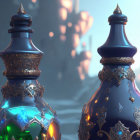 Ornate blue potion bottles with gold and gem accents on mystical background