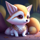 Illustrated fox with expressive eyes in twilight forest setting