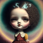 Surreal portrait of doll-like girl with large eyes and curly hair against cosmic backdrop