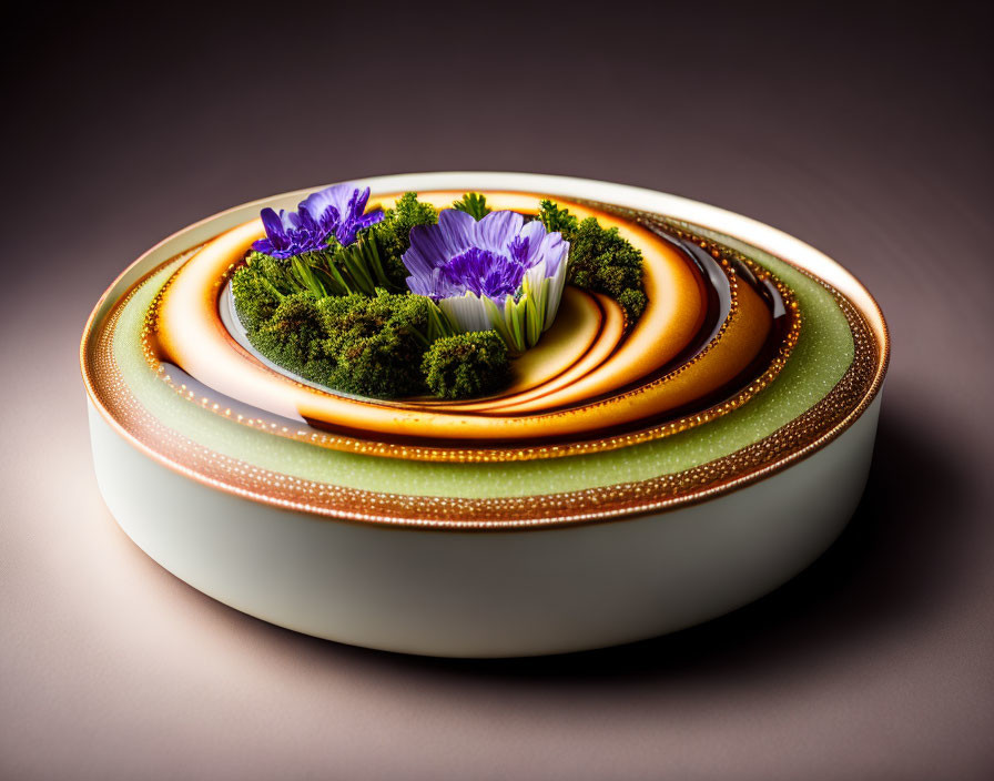 Vibrant greenery and purple flowers on a gradient dish with edible details