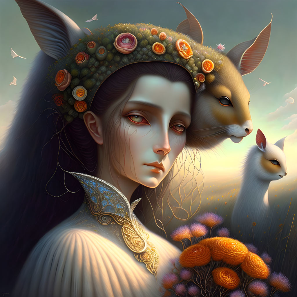 Serene woman with animalistic features and floral crown surrounded by gentle creatures at twilight