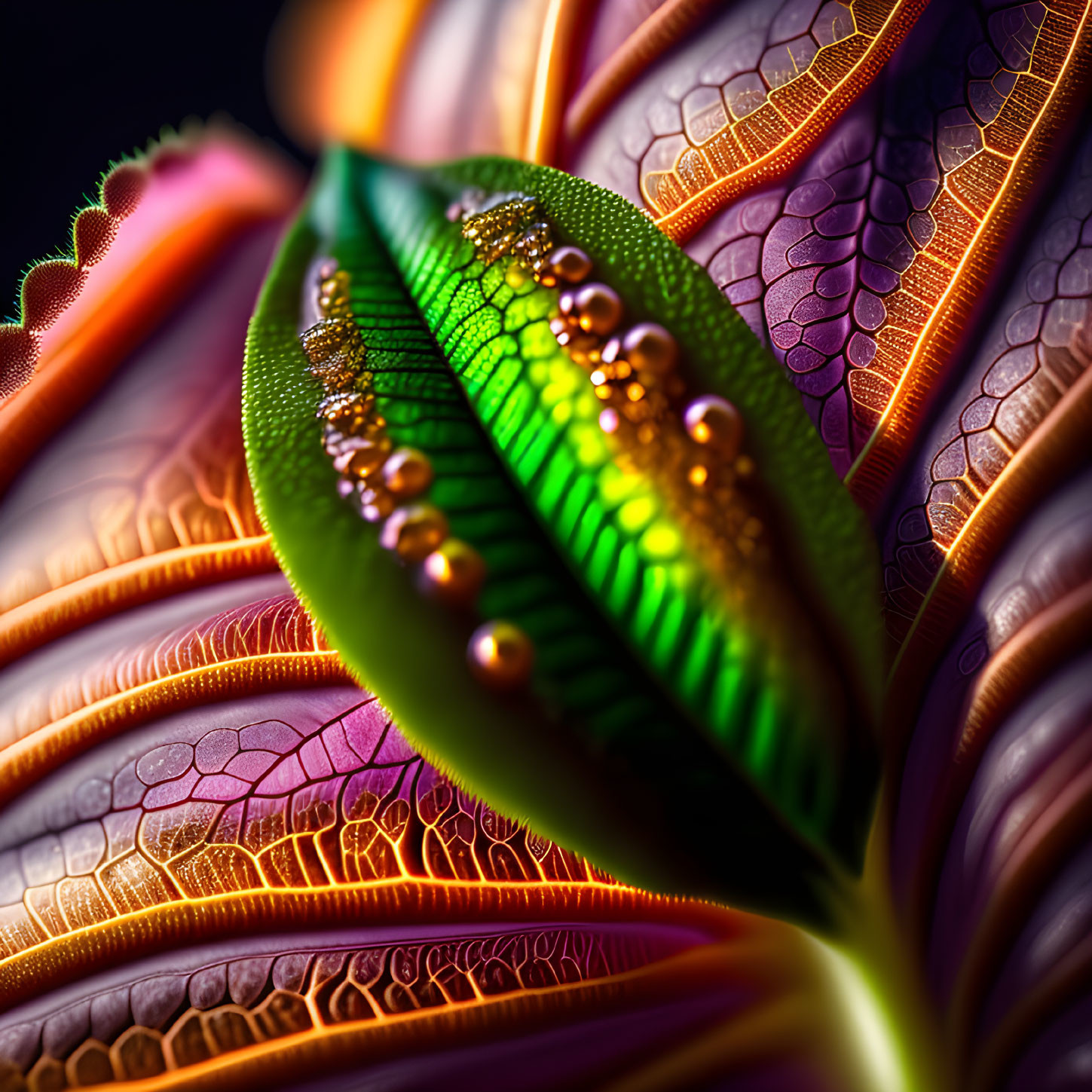 Detailed macro shot of vibrant leaves with intricate veins, dewdrops, and green to purple gradient