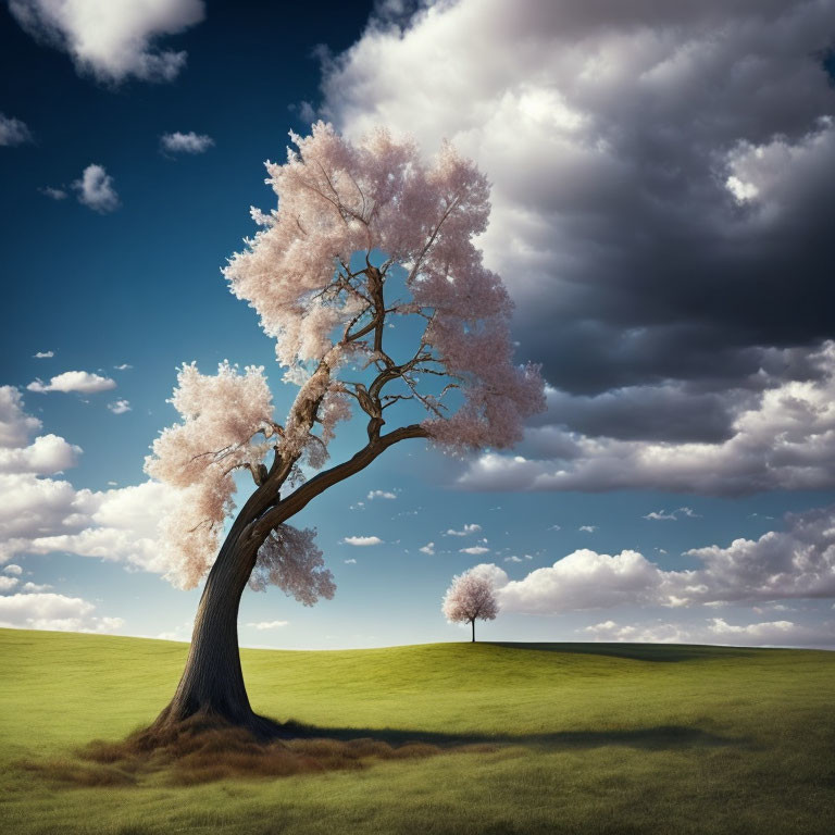 Pink-foliaged tree leaning on grassy hill under dramatic sky