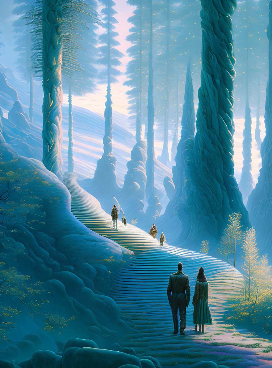 Misty forest scene with towering trees and stairway figures