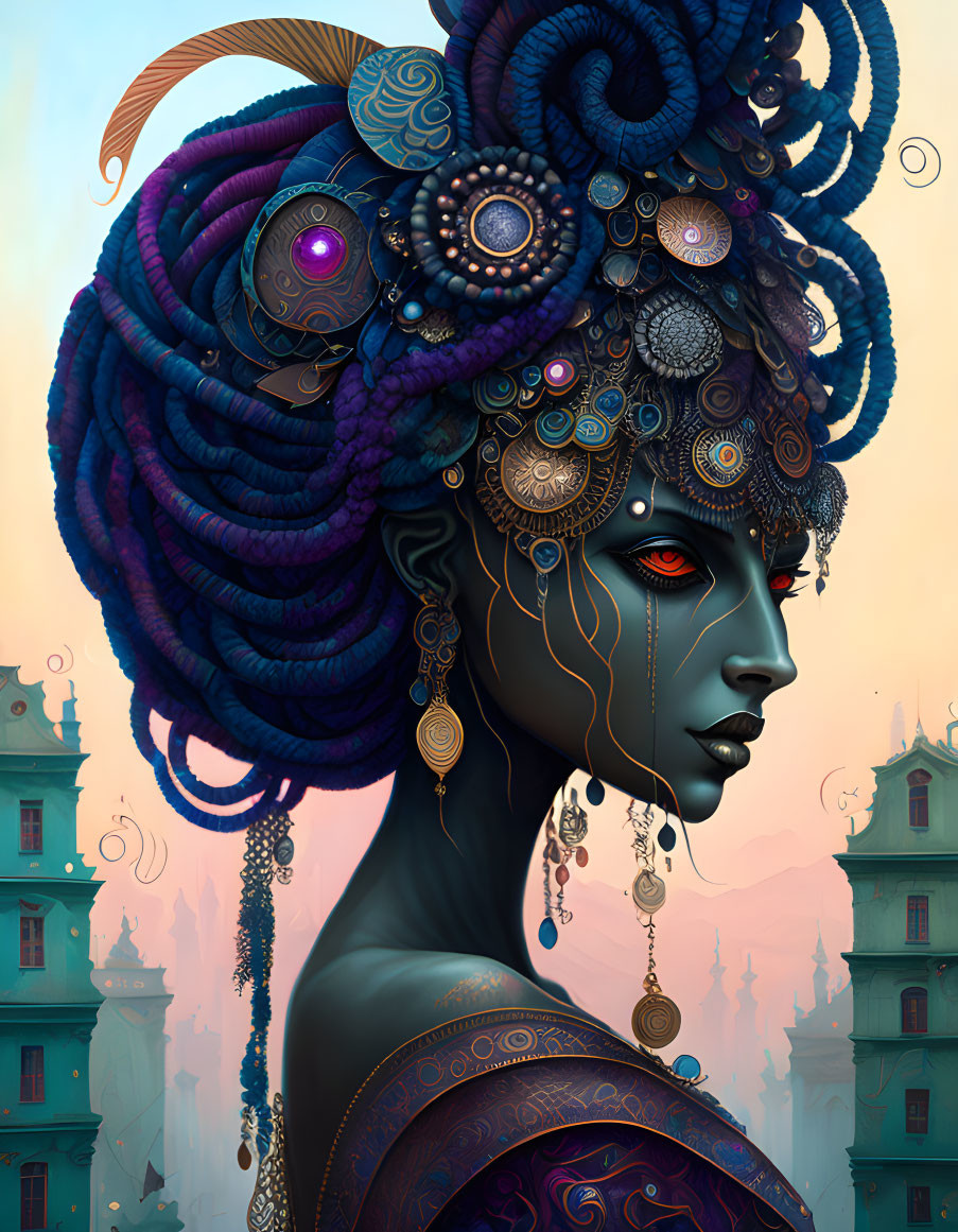 Blue-skinned woman with red eyes in intricate headdress against architectural backdrop
