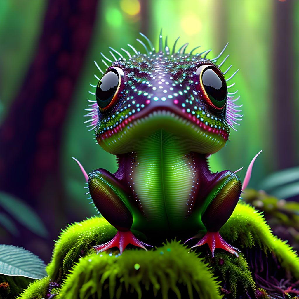 Colorful digital illustration: Whimsical frog in enchanted forest