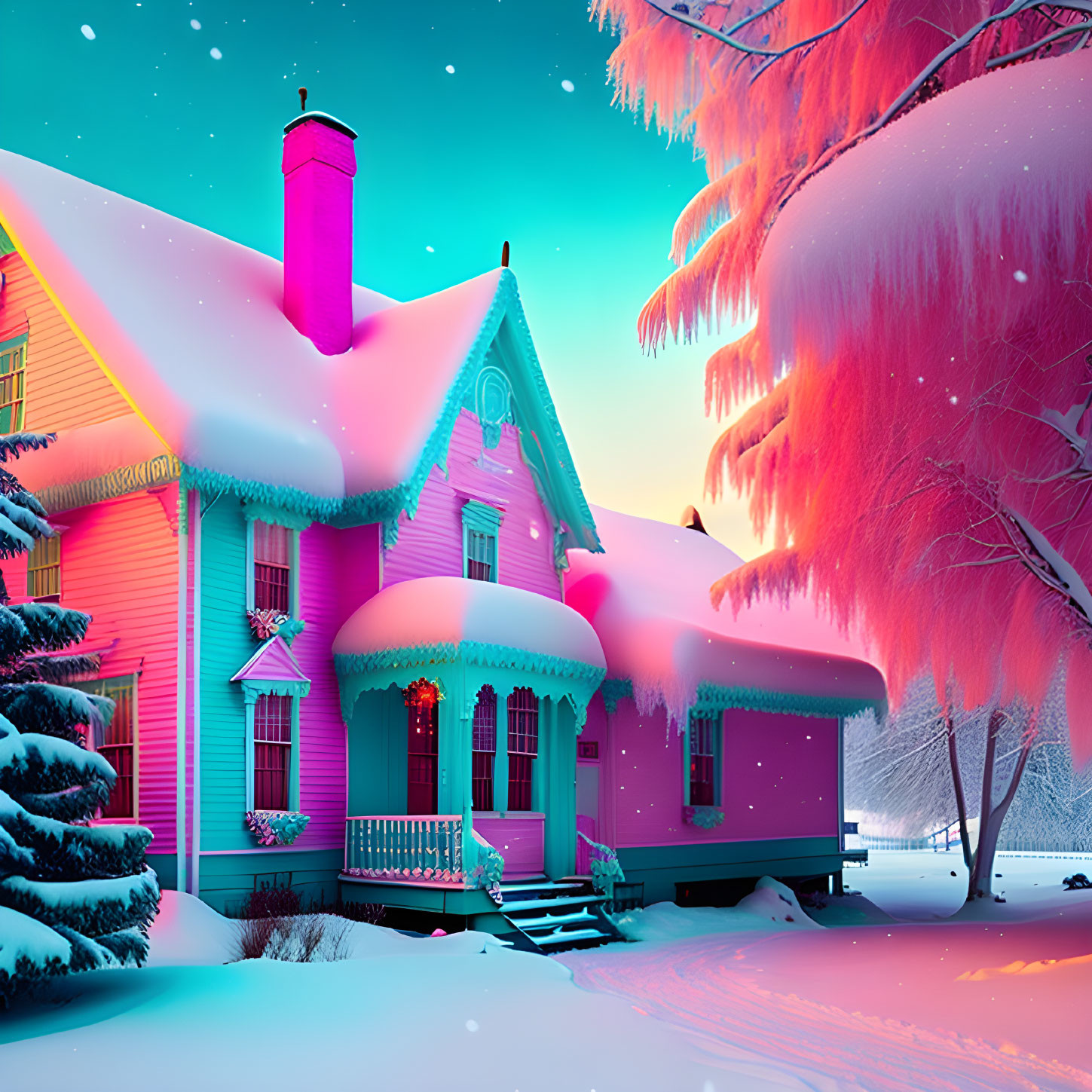 Pink House with Snow-Covered Roof and Sunset Sky
