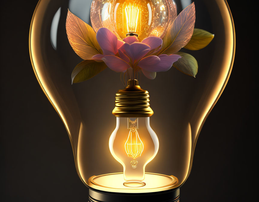 Detailed illustration of light bulb with glowing inner bulb and purple petals inside