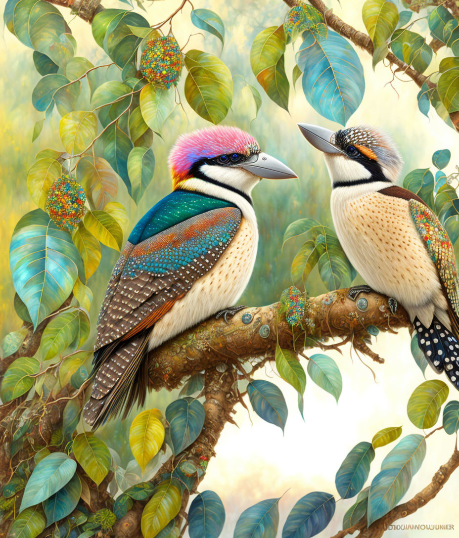 Vibrantly colored kookaburras on branch surrounded by green foliage and berries