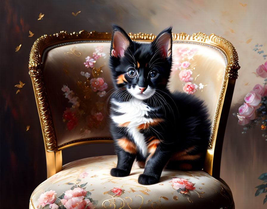 Calico Kitten with Black, White, and Orange Fur on Golden Chair