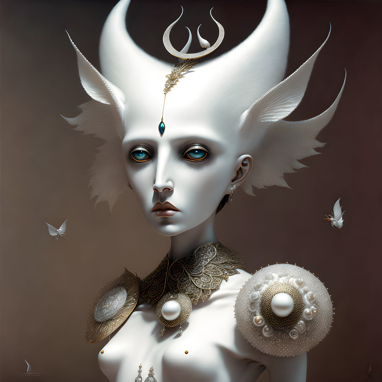 Surreal portrait of female figure with pale skin, blue eyes, white headpiece, gold jewelry