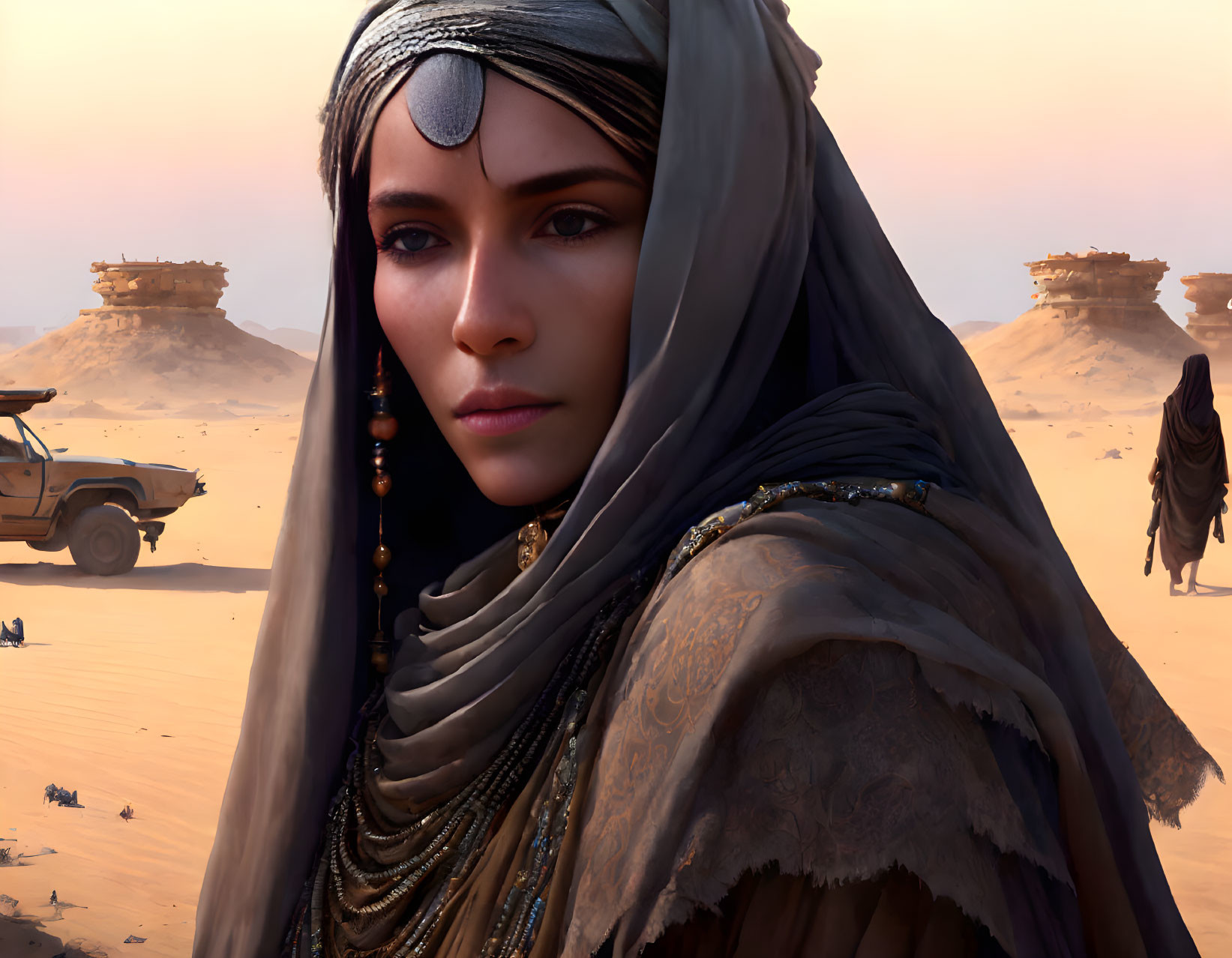 Digital artwork of woman in desert attire with scarf and jewelry, gazing at rocky formations, vehicle,