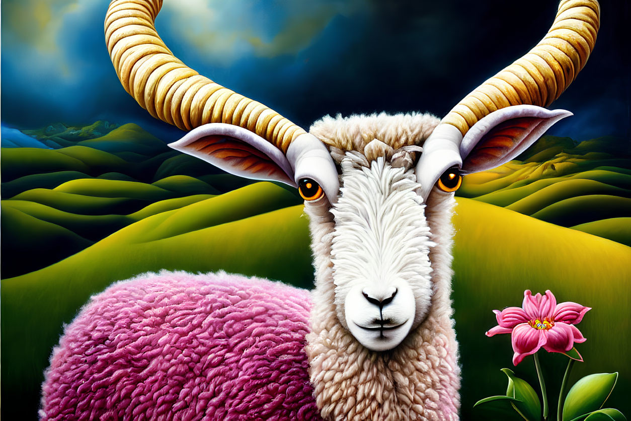 Whimsical sheep with long horns and pink wool on green hills
