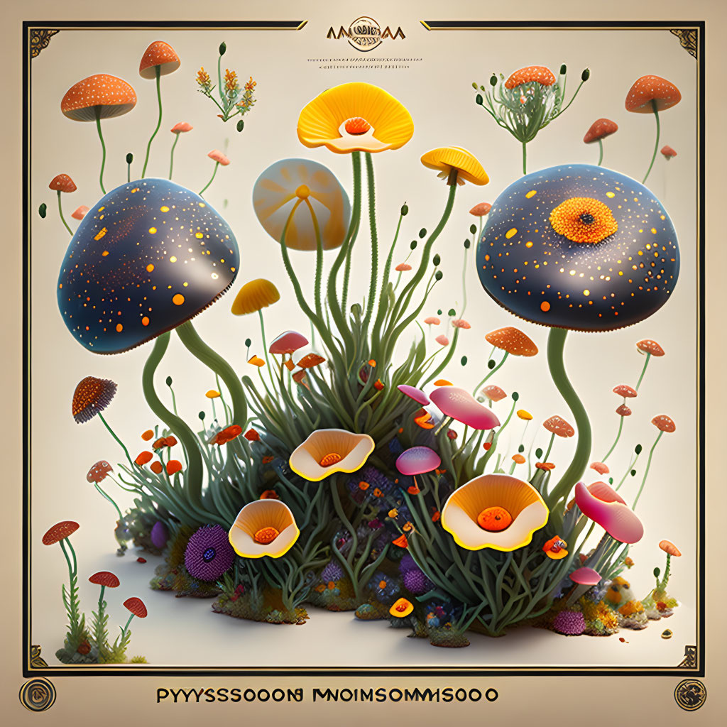 Colorful Surrealist Illustration: Oversized Mushrooms and Fantasy Flowers on Beige Background