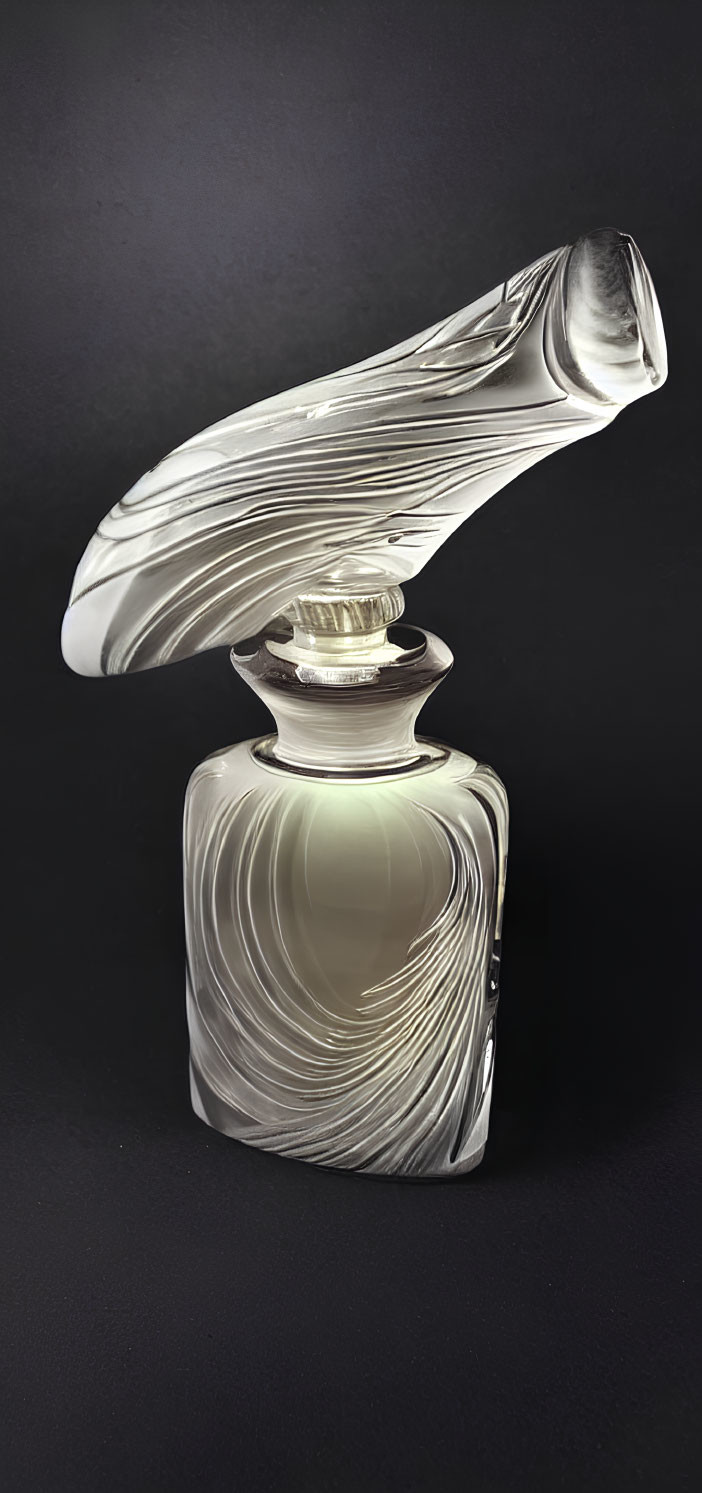 Transparent glass perfume bottle with elegant wavy design on dark background