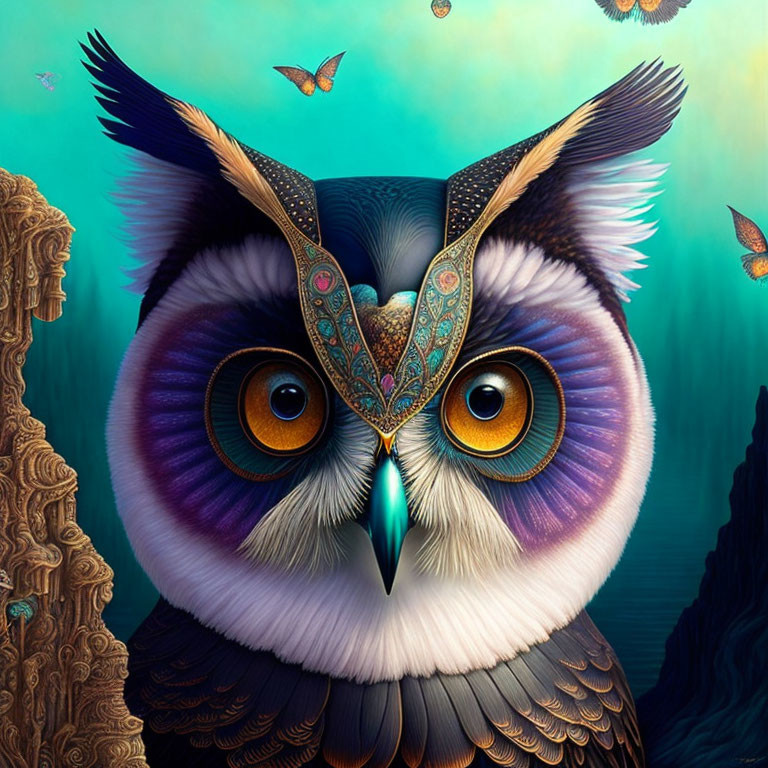 Colorful Owl Artwork with Butterflies: Vibrant Digital Piece