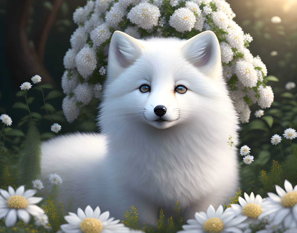 White Fox with Blue Eyes in Lush Greenery and Daisies